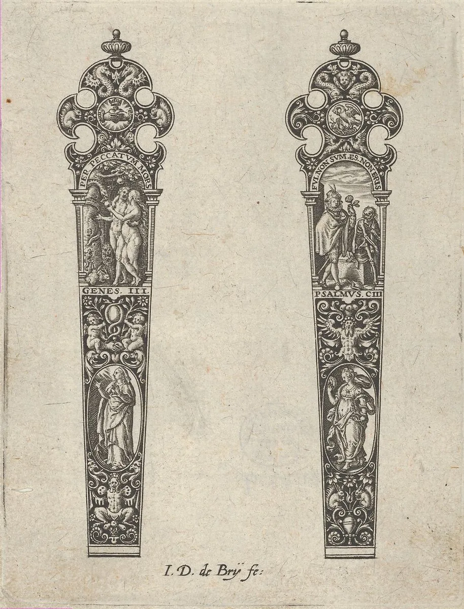 Design for Knife Handles with the Temptation of Adam and Eve and a Memento Mori Scene — Johann Theodor de Bry
