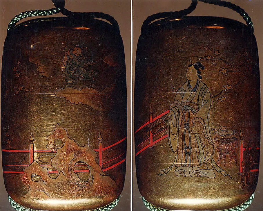 西王母桃蒔絵印籠 銘有得斎|Inrō with the Queen Mother of the West (Seiōbo); Boy with a Peach (reverse) — Unknown