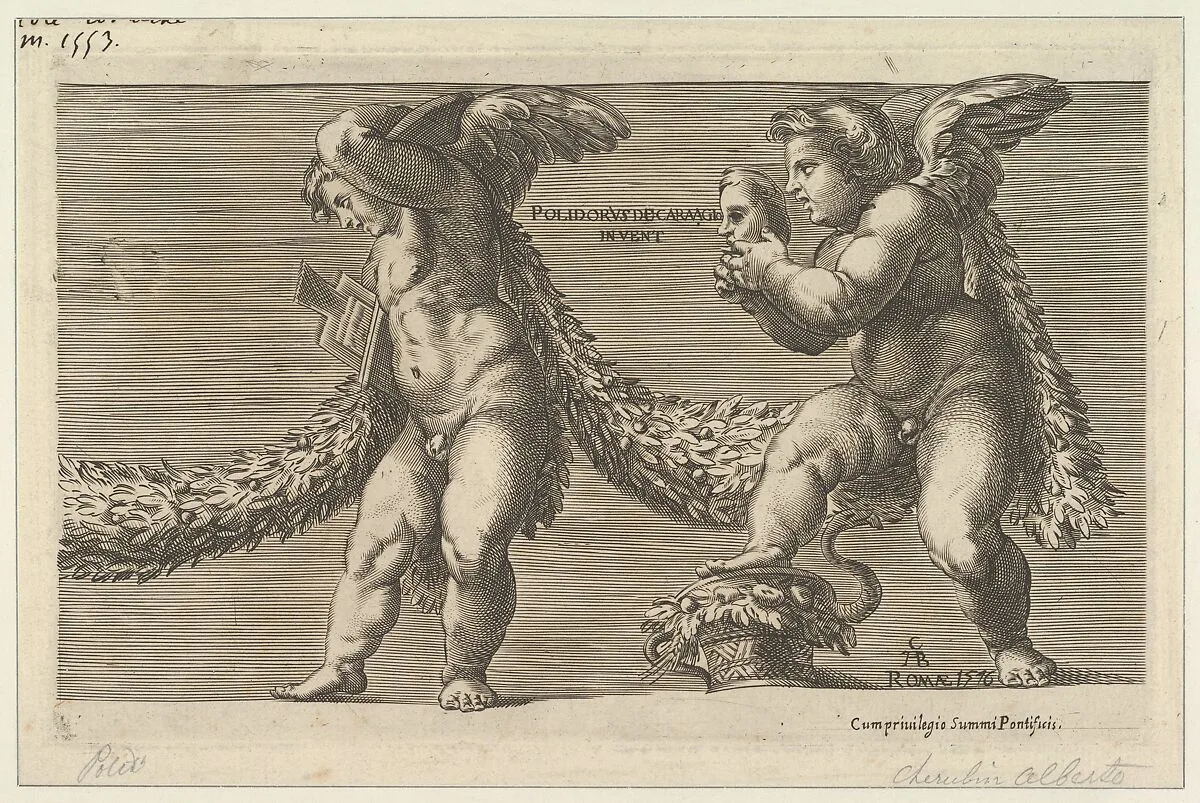 Two putti draped with a garland the one at right holding a mask — Cherubino Alberti (Zaccaria Mattia)|Polidoro da Caravaggio