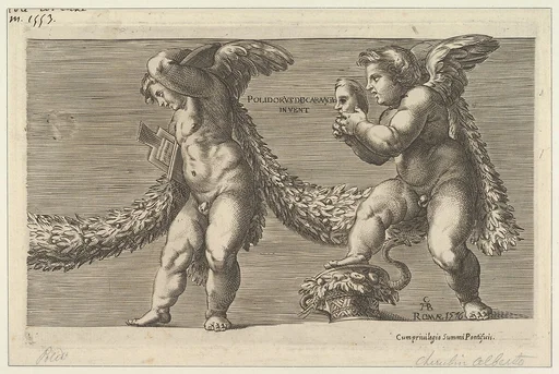 Two putti draped with a garland the one at right holding a mask