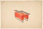 Perspective of Red Laquer End Table on U-Shape Metal Supports with Top Compartments