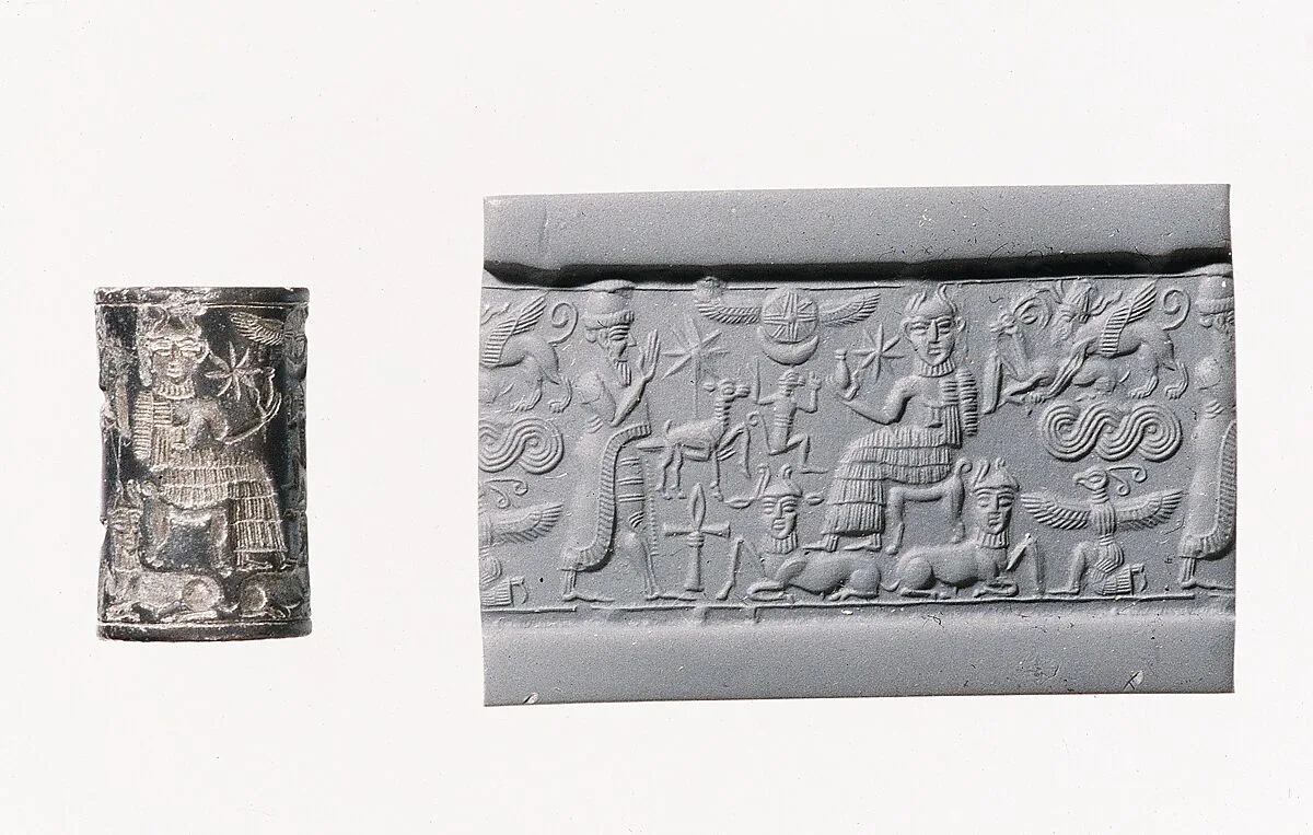 Cylinder seal and modern impression: royal worshiper before a god on a throne; human-headed bulls below — Unknown