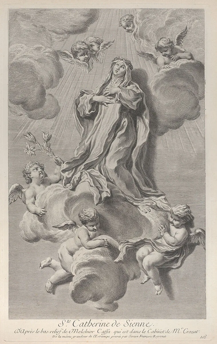 The Ecstasy of Saint Catherine of Siena, kneeling on a cloud carried by angels, one of whom holds a lily — Simon Francis Ravenet, the elder|Melchiorre Cafà