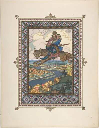 Tsarevich Ivan with Tsarevna Elena the Fair on the Grey Wolf, illustration for "L'Oiseau de Feu"