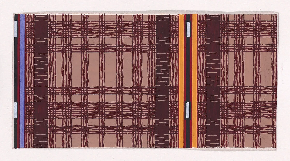 Textile Design with a Tartan Pattern and Decorating Vertical Stripes of Color — Anonymous, Alsatian, 19th century