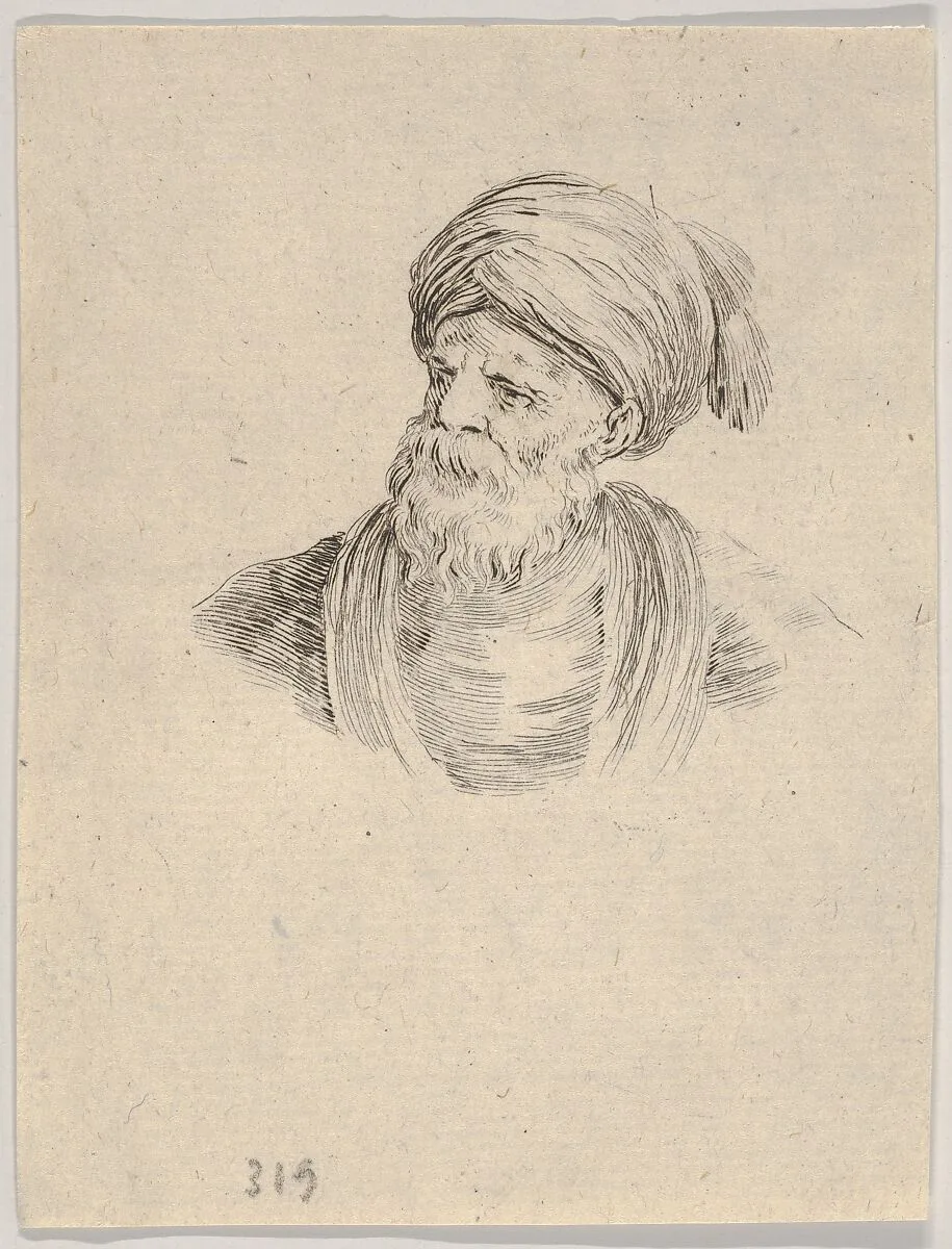 Plate 12: bust of an old Turkish man in a turban, looking towards the left, from 'Various heads and figures' (Diverses têtes et figures) — Stefano della Bella