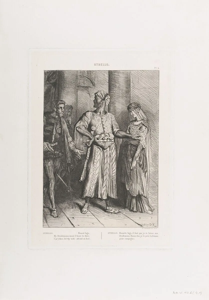 "Honest Iago, my Desdemona must I leave to thee": plate 4 from Othello (Act 1, Scene 3) — Théodore Chassériau|William Shakespeare