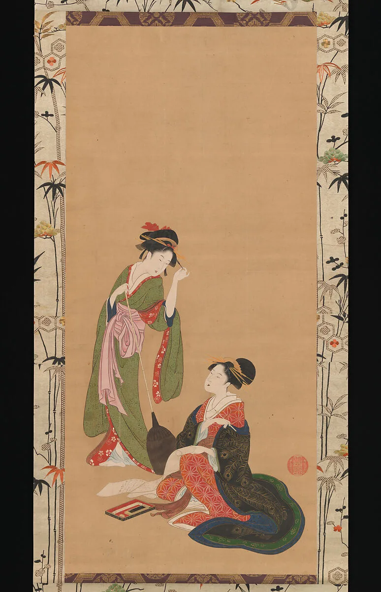 琴風舎豊麿筆 見立寒山拾得図|Courtesans Parodying Kanzan and Jittoku — Kinpūsha Toyomaro