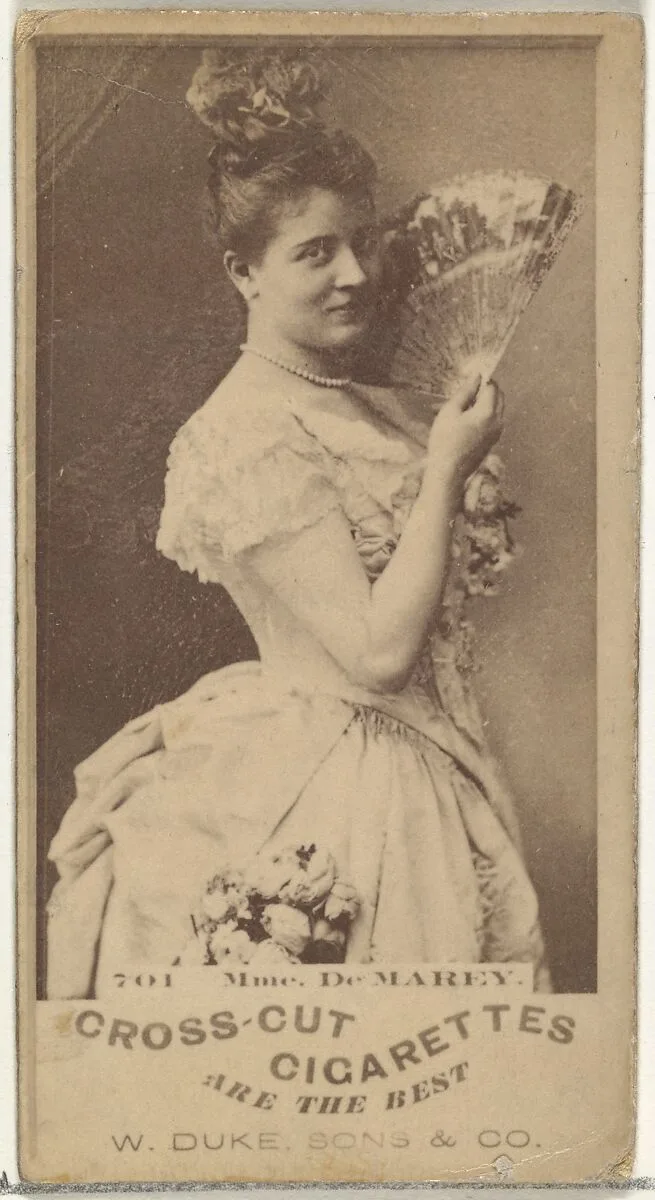 Card Number 701, Mme. De Marey, from the Actors and Actresses series (N145-3) issued by Duke Sons & Co. to promote Cross Cut Cigarettes — W. Duke, Sons & Co.