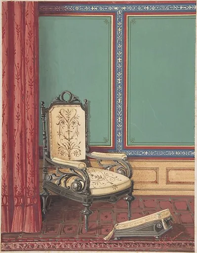 Interior Design with a Cream and Gray Chair, Red Curtain and Rug and Green, Blue and Red Panelled Wall