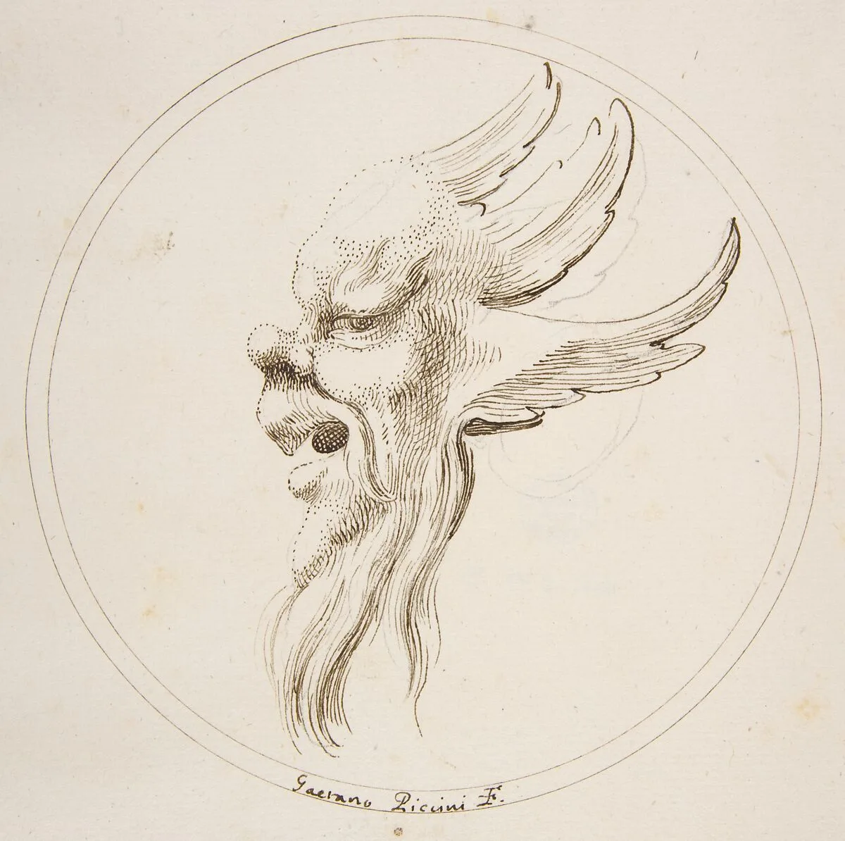 Grotesque Winged and Bearded Head Looking to the Left within a Circle — Gaetano Piccini