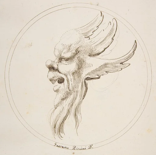 Grotesque Winged and Bearded Head Looking to the Left within a Circle