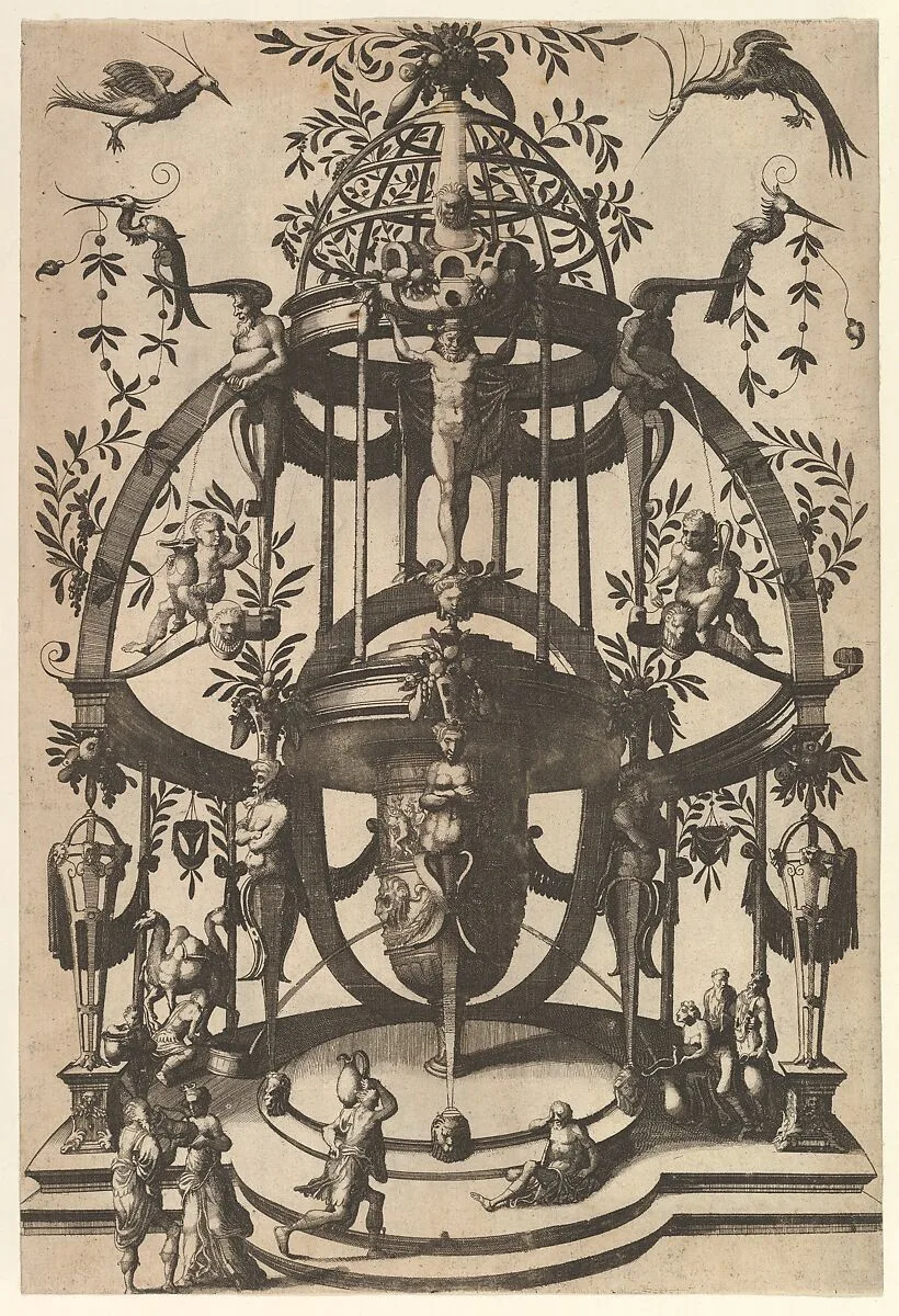Vase Placed in Center of a Tempietto with Lattice, an Arch at the Top from Veelderleij niewe inventien van antijckesche sepultueren diemen nou zeere ghebruijkende is met noch zeer fraeije grotissen en compertimenten zeer beqwame voer beeltsniders antijcksniders schilders en all constenaers...Libro Secundo — Johannes van Doetecum I|Lucas van Doetecum|Cornelis Floris II|Hieronymus Cock