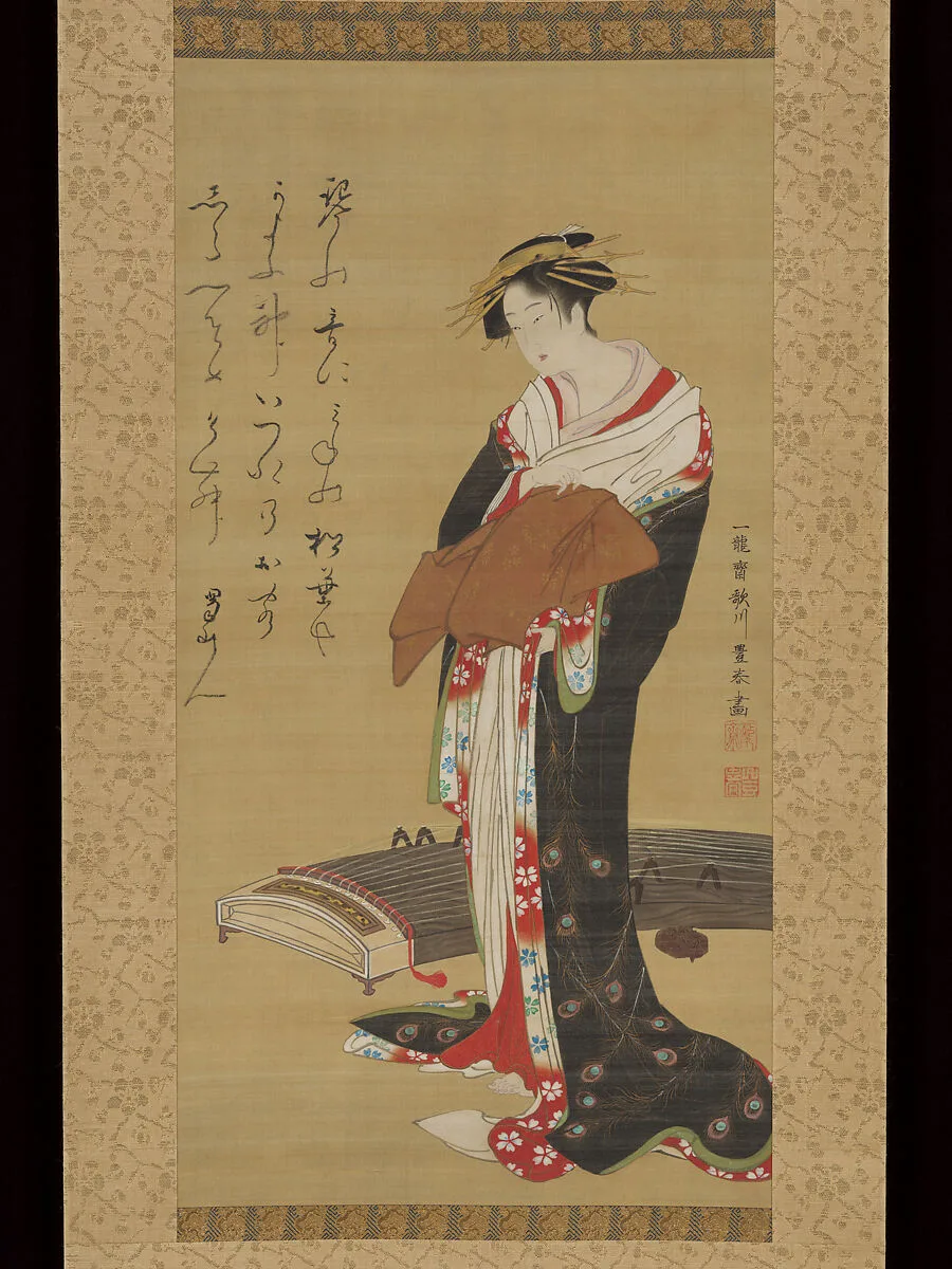 歌川豊春筆 蜀山人(大田 南畝)賛 琴に立美人図|Female Entertainer with a Koto — Utagawa Toyoharu|Shokusanjin (Ōta Nanpo)