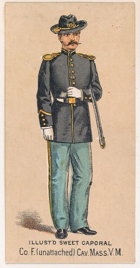 Co. F. (unattached), Cavalry, Massachusetts, V.M., from the Military Series (N224) issued by Kinney Tobacco Company to promote Sweet Caporal Cigarettes — Kinney Brothers Tobacco Company
