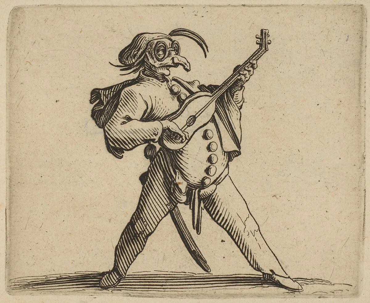 Le Comédien Masqué Jouant de la Guitare (The Masked Comedian Playing the Guitar), from Varie Figure Gobbi, suite appelée aussi Les Bossus, Les Pygmées, Les Nains Grotesques (Various Hunchbacked Figures, The Hunchbacks, The Pygmes, The Grotesque Dwarfs) — Jacques Callot
