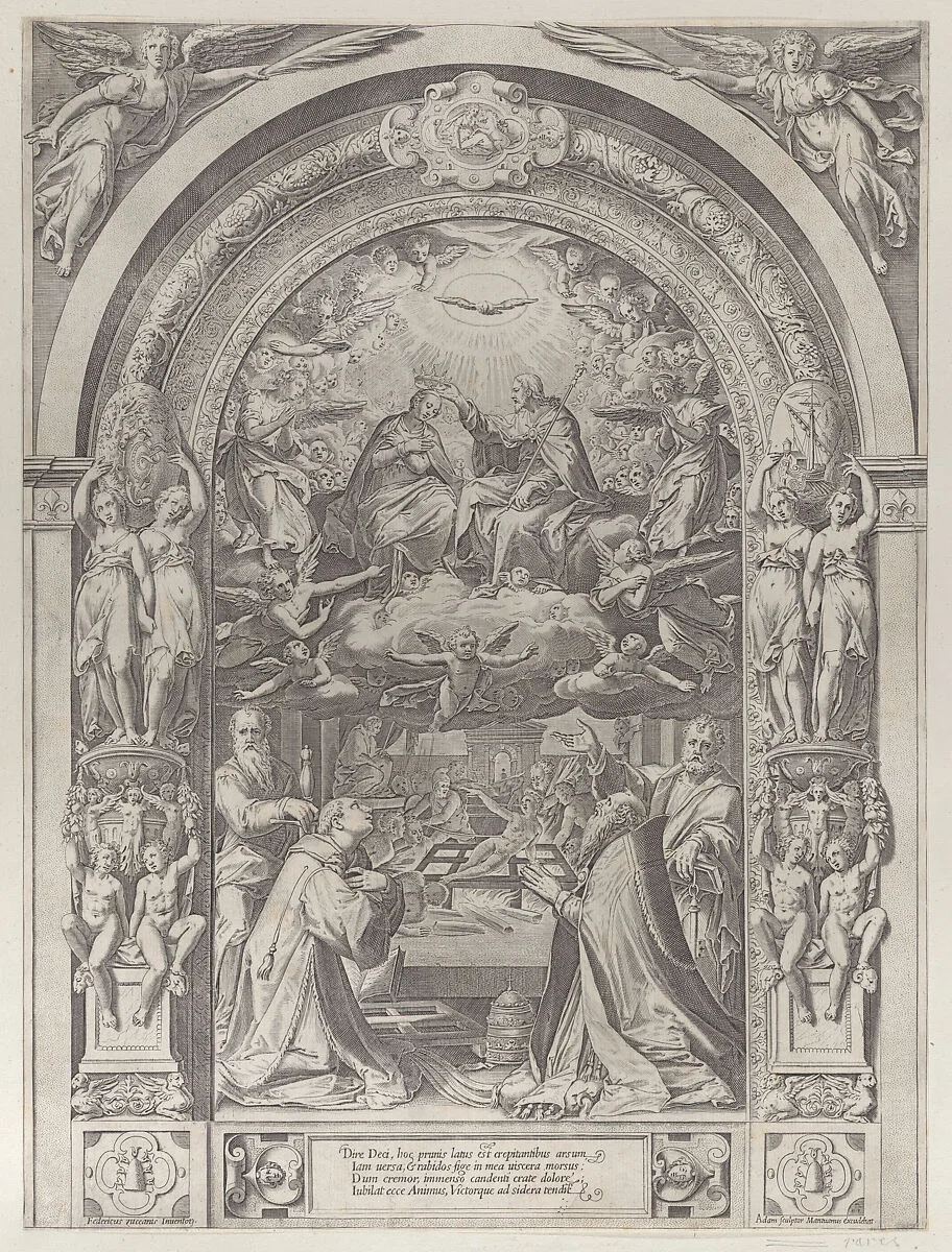 Saints Lawrence, Sixtus, Peter, and Paul adoring the Coronation of the Virgin by Christ above — Federico Zuccaro (Zuccari)|Adamo (Ghisi) Scultori|Anonymous