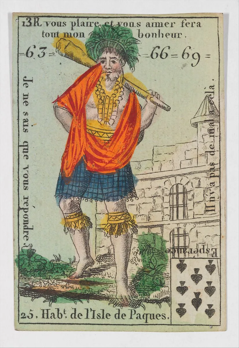 Hab.t de l'Isle de Paques, from the playing cards (for quartets) "Costumes des Peuples Étrangers" — Anonymous, French, 18th century