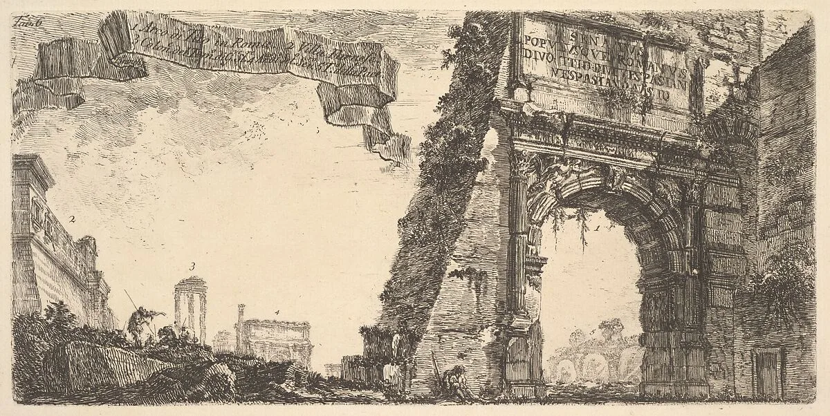 Plate 6: 1. Arch of Titus. 2. Villa Farnese. 3. Columns of the Temple of Jupiter Stator (the Supporter). 4. Arch of Septimus Severus. 5. Temple of Peace. (1. Arco di Tito in Roma. 2. Villa Farnese. 2. Colon.e. del Tem.o di G.ve St.re. 4. Ar.co di Set.o...), from "Antichità Romane de' Tempi della Repubblica, e de' primi Imperatori" — Giovanni Battista Piranesi