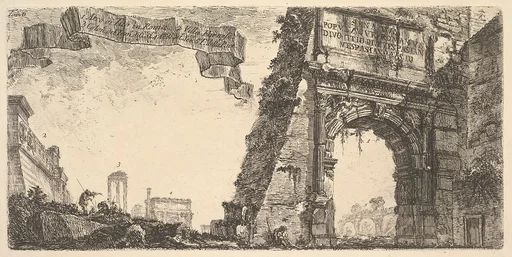 Plate 6: 1. Arch of Titus. 2. Villa Farnese. 3. Columns of the Temple of Jupiter Stator (the Supporter). 4. Arch of Septimus Severus. 5. Temple of Peace. (1. Arco di Tito in Roma. 2. Villa Farnese. 2. Colon.e. del Tem.o di G.ve St.re. 4. Ar.co di Set.o...), from "Antichità Romane de' Tempi della Repubblica, e de' primi Imperatori"