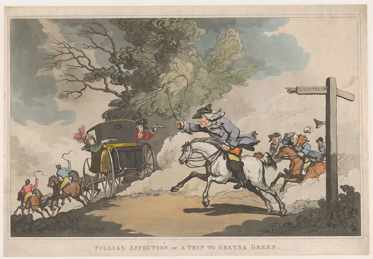 Filial Affection, or a Trip to Gretna Green — Thomas Rowlandson|John Raphael Smith