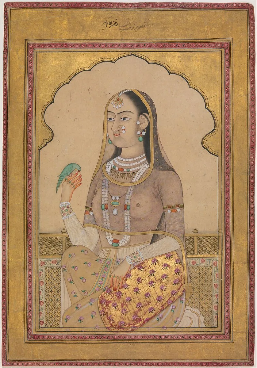 A Bejewelled Maiden with a Parakeet — Unknown
