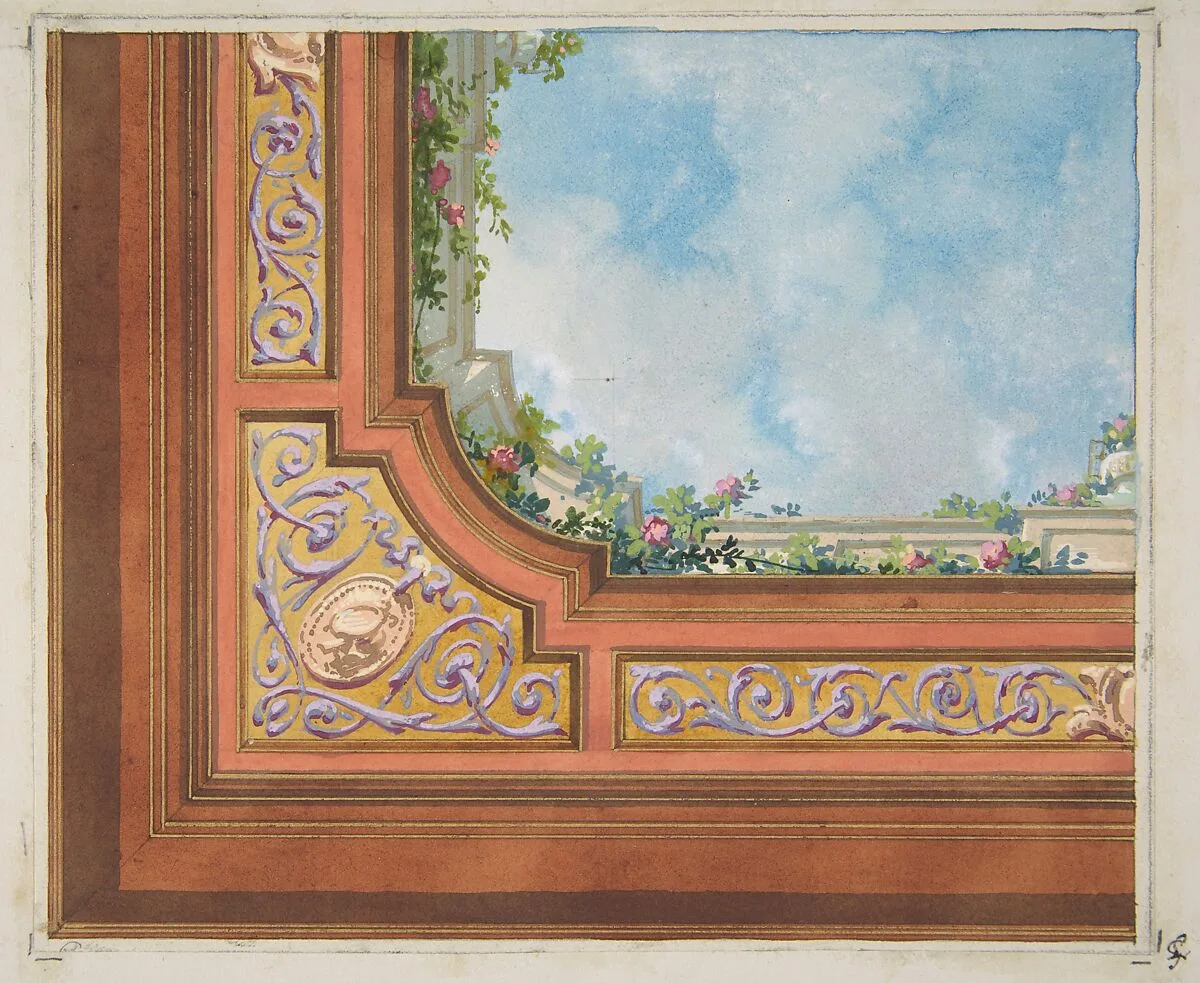 Partial design for ceiling decoration with clouds and roses — Jules-Edmond-Charles Lachaise|Eugène-Pierre Gourdet