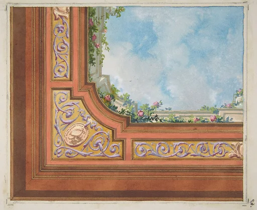 Partial design for ceiling decoration with clouds and roses