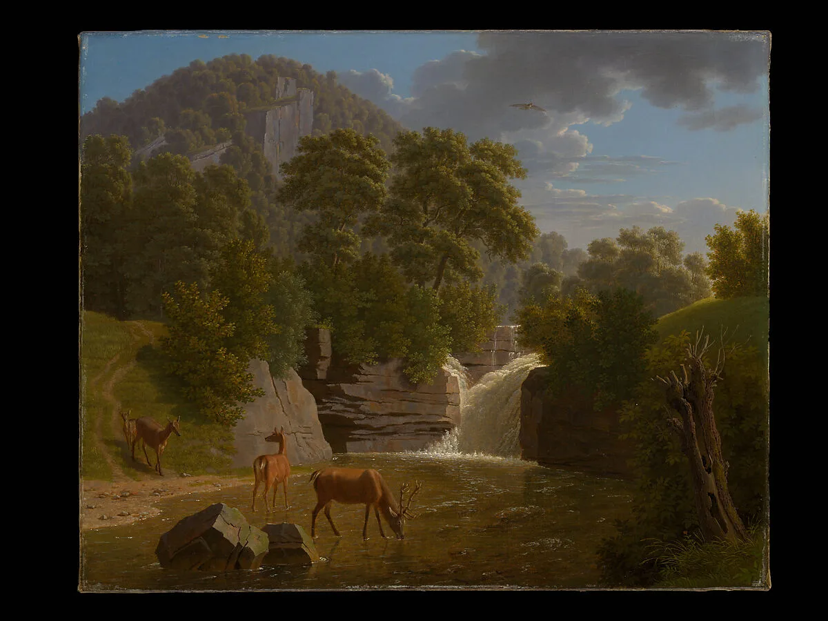 Mountain Landscape with Deer at a River — Johann Jakob Biedermann