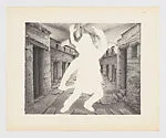 Silhouette of figures fighting in an alleyway flanked by buildings: Plate 9 from the portfolio 'Arquitectura Funcional' — Impresora America|Francisco Dosamantes, Mexican|José Sánchez