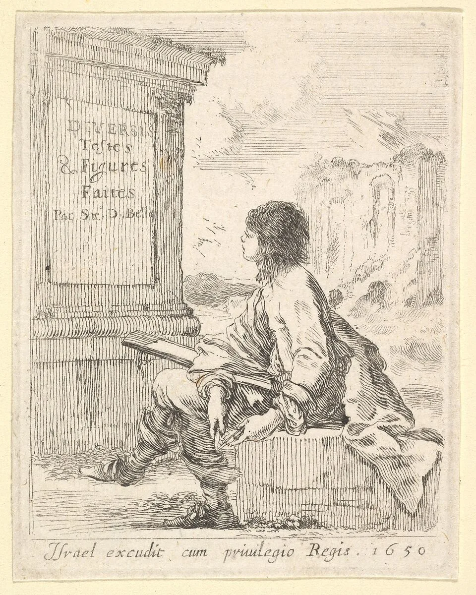 Plate 1: a young man sitting on a stone, facing left in profile, holding a drawing pad in his lap and a pen in his left hand, a pedestal with title to left and ruins to right in the background, title page from 'Various heads and figures' (Diverses têtes et figures) — Stefano della Bella|Israël Henriet