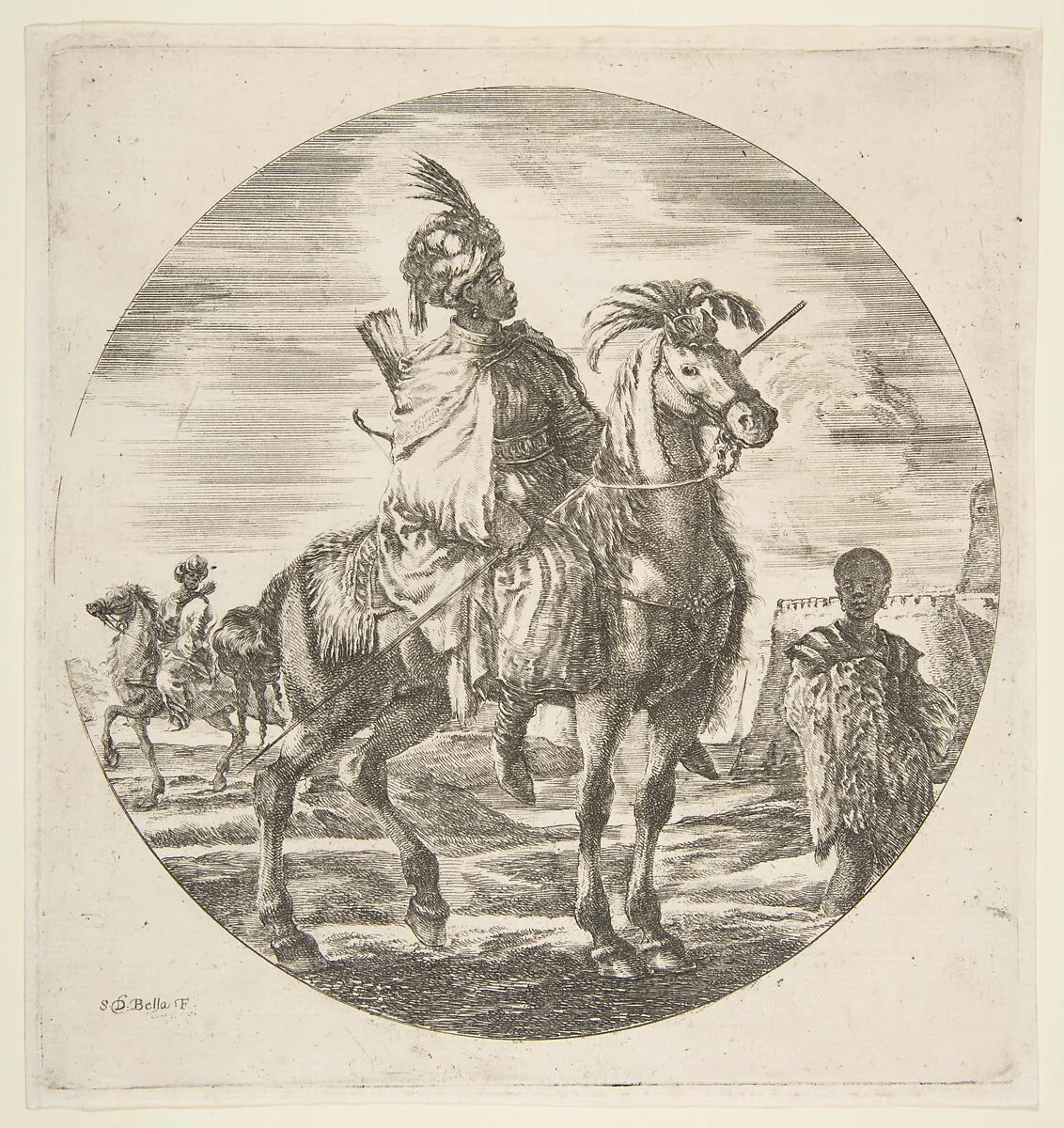 Moorish horseman in profile facing right, a black slave holding a fur at right, another horseman to left in the background, from 'Figures on Horseback' (Cavaliers nègres, polonais et hongrois) — Stefano della Bella