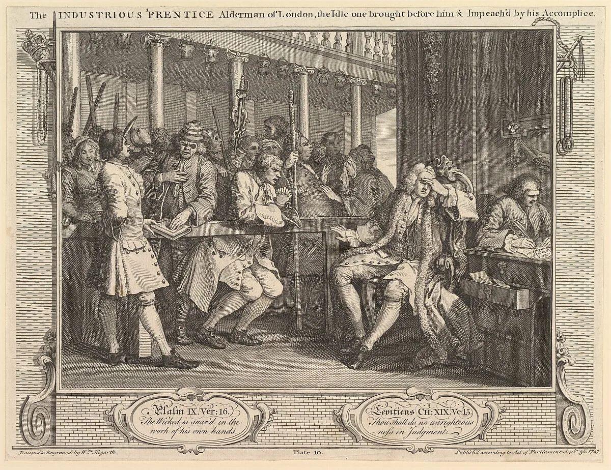 The Industrious 'Prentice Alderman of London, the Idle One Brought Before Him & Impeached by his Accomplice: Industry and Idleness, plate 10 — William Hogarth
