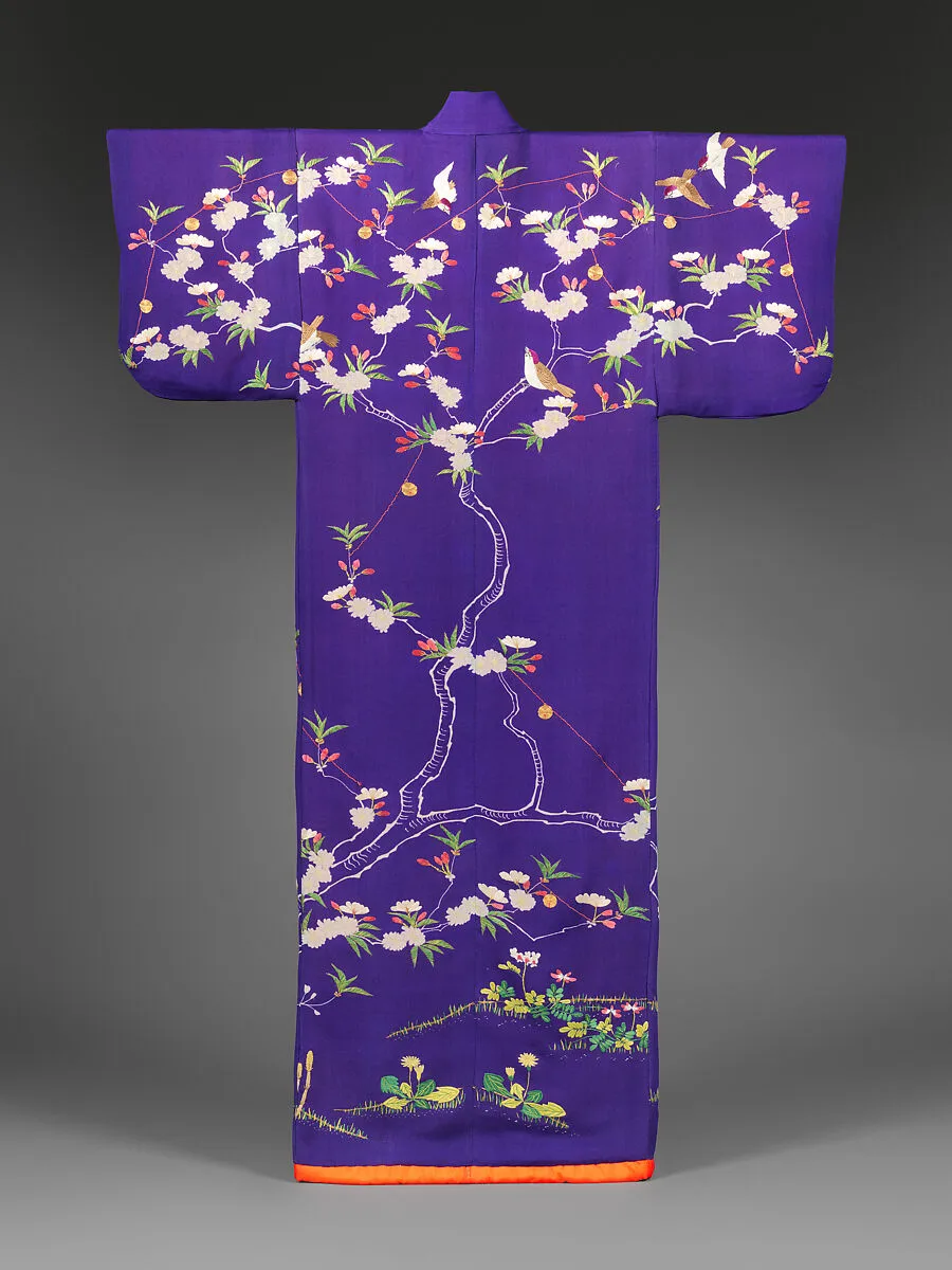 紫縮緬地桜樹鈴燕模様小袖|Court Lady’s Garment (Kosode) with Swallows and Bells on Blossoming Cherry Tree — Unknown