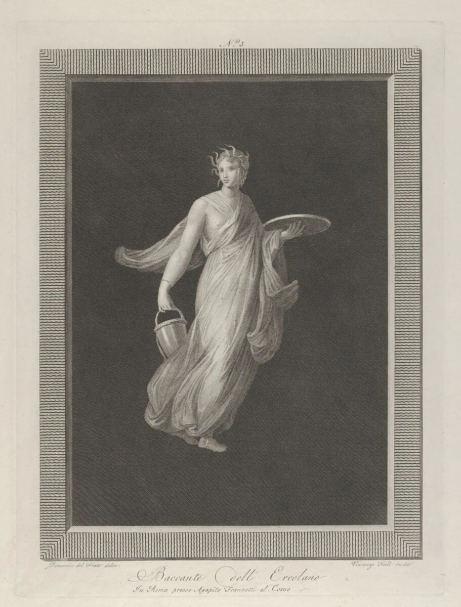 A partly naked bacchante holding a disk in her raised left hand and a bucket in her right — Vicenzo Feoli|Domenico del Frate|Agapito Franzetti