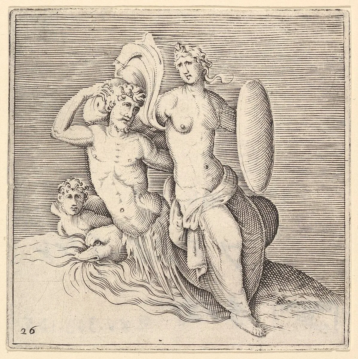 Woman with Shield Seated on Seamonster, from "Ex Antiquis Cameorum et Gemmae Delineata/ Liber Secundus/et ab Enea Vico Parmen Incis" — Francesco Angeloni|Battista Franco|Philippe Thomassin|Enea Vico|Anonymous, Italian, 16th century