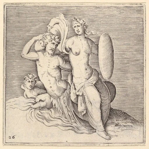 Woman with Shield Seated on Seamonster, from "Ex Antiquis Cameorum et Gemmae Delineata/ Liber Secundus/et ab Enea Vico Parmen Incis"