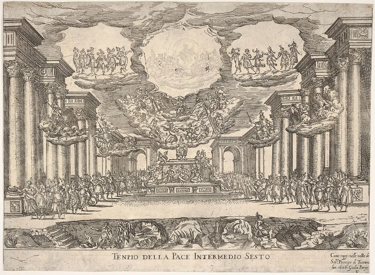 Sixth interlude: temple of peace (Intermedio sesto: tempio della pace), from the series 'Seven Interludes' for the wedding celebration of Cosimo de' Medici in Florence, 1608 — Remigio Cantagallina|Giulio Parigi