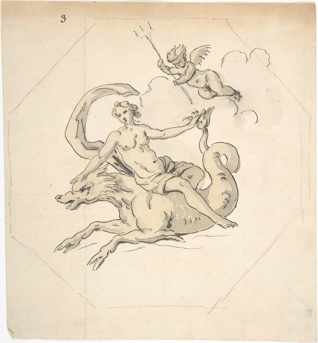 Ceiling Design of a Nereid Mounted on a Hippocamp with Putto — Anonymous, French, 18th century