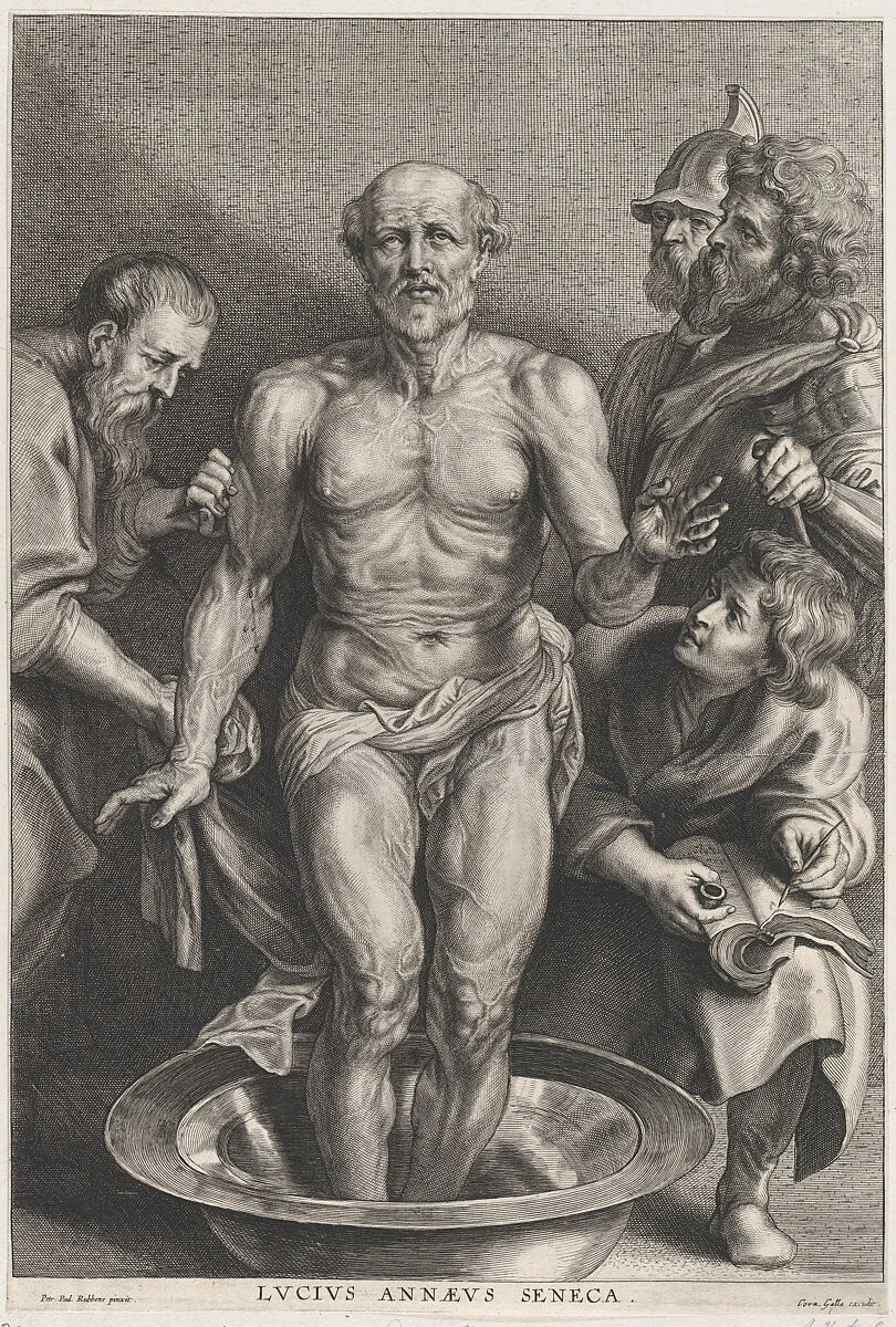 The Death of Seneca, standing at center with his feet in a basin of water, supported by a disciple at left while another takes down his last words at right — Peter Paul Rubens|Alexander Voet II|Cornelis Galle II