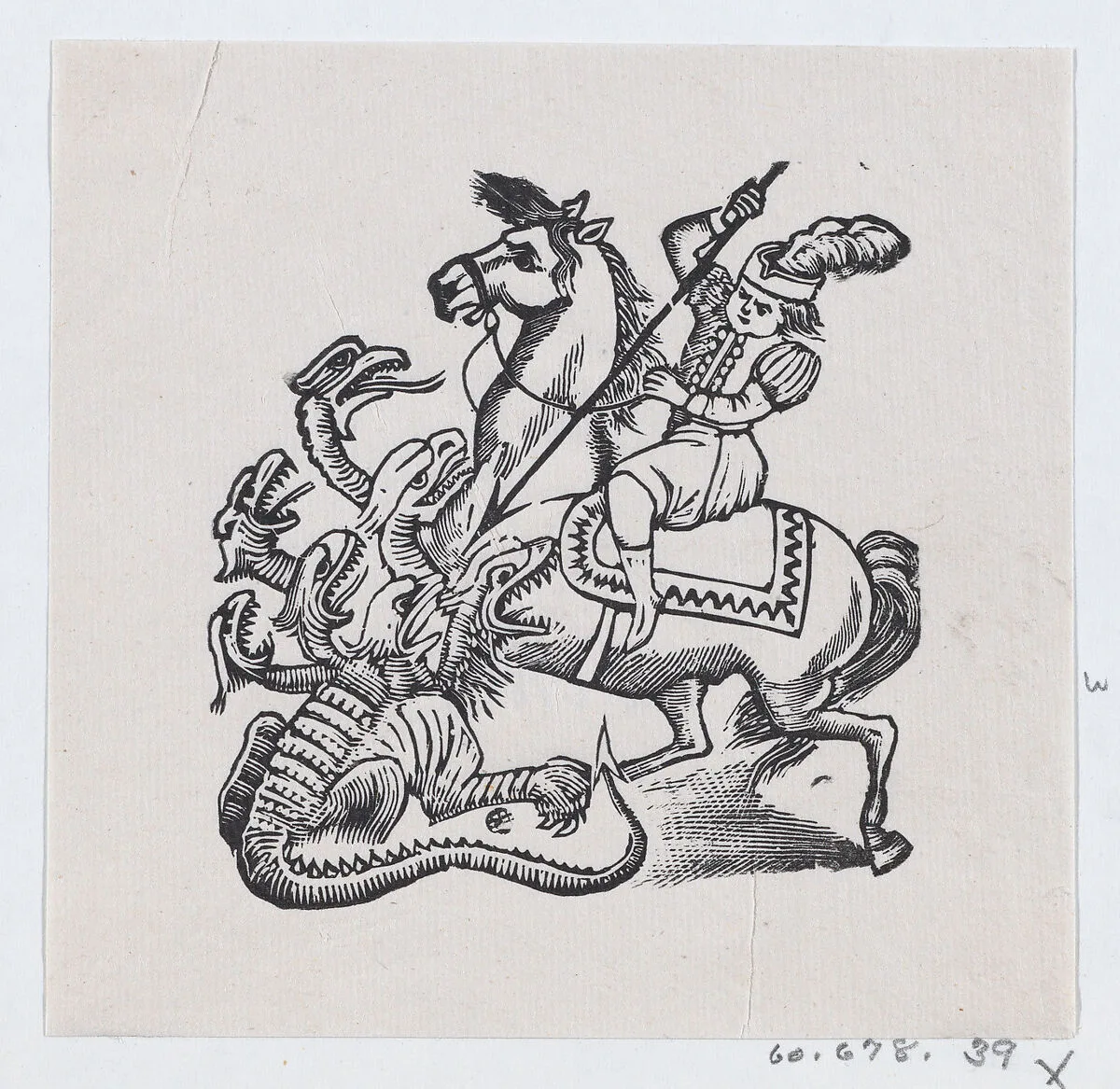 A man on horseback stabbing a monster with a lance, illustration from 'The King and His Three Sons' — José Guadalupe Posada|José Sanchez