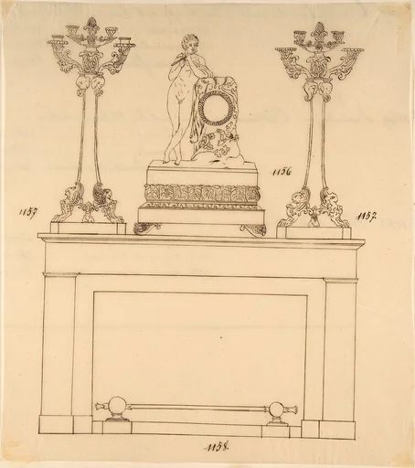 Design for a Fireplace Iron, Mantle Candlesticks and a Clock