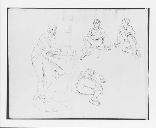 Two Seated Figures; One Sleeping Figure; Standing Man Leaning on Ship Railing (from Sketchbook)