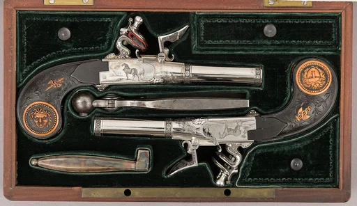 Cased Pair of Double-Barreled Turn-Off Flintlock Pistols