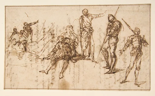 Two Standing Soldiers and Six other Figures