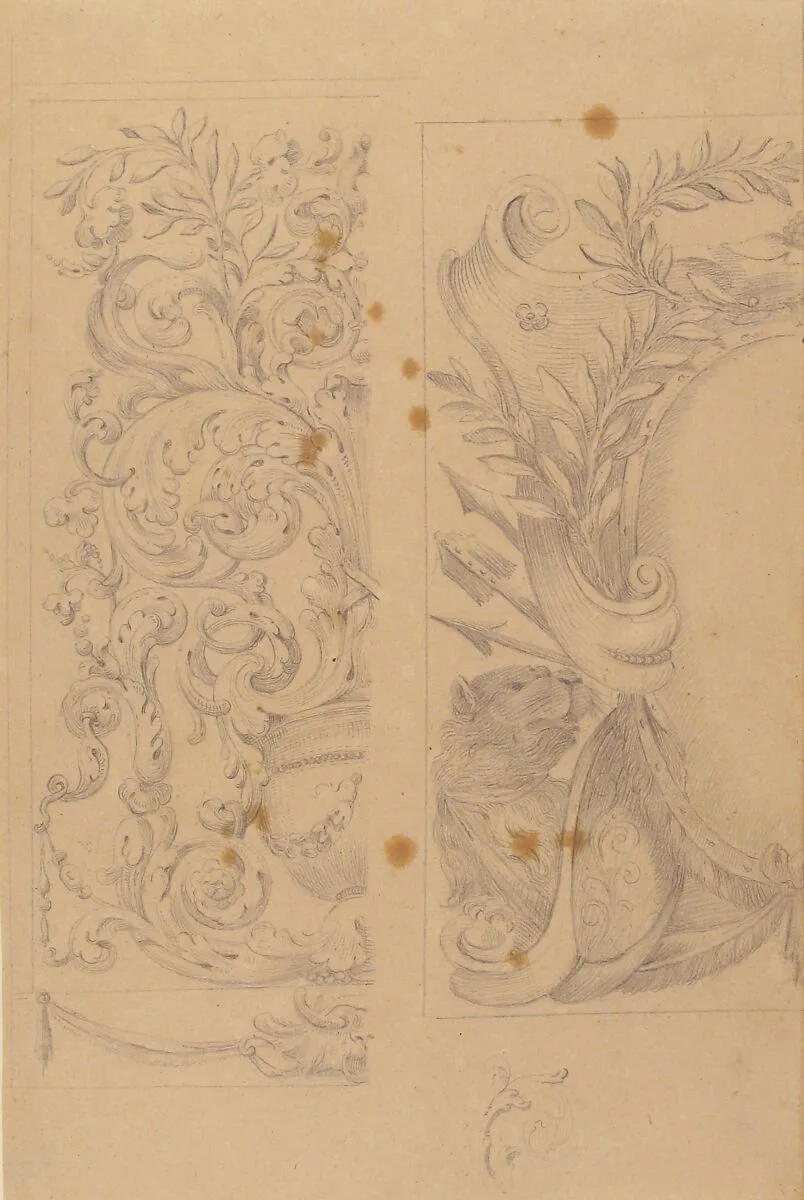 Left Part of the Drawing: Floral Ornaments; Right Part of the Drawing: Half Cartouche Decorated with Leaves, Arms and a Lion — Agostino (Stanzani) Mitelli