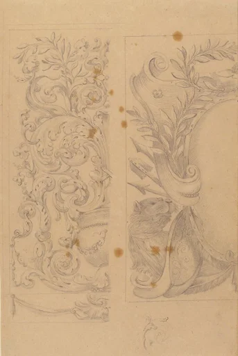 Left Part of the Drawing: Floral Ornaments; Right Part of the Drawing: Half Cartouche Decorated with Leaves, Arms and a Lion