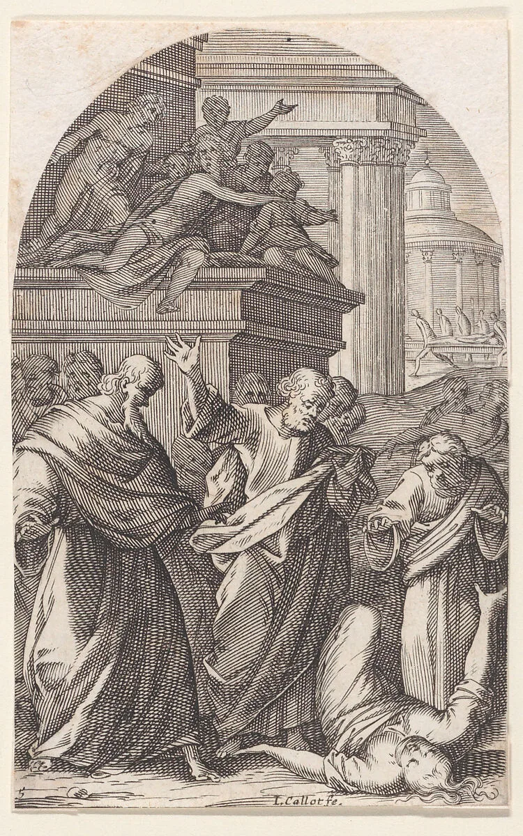 Sapphira Punished by Death, plate 5 from Les Tableaux de Rome, Les Eglises Jubilaires (The Paintings of Rome, The Churches Jubilee) — Pomarancio (Cristoforo Roncalli)|Jacques Callot