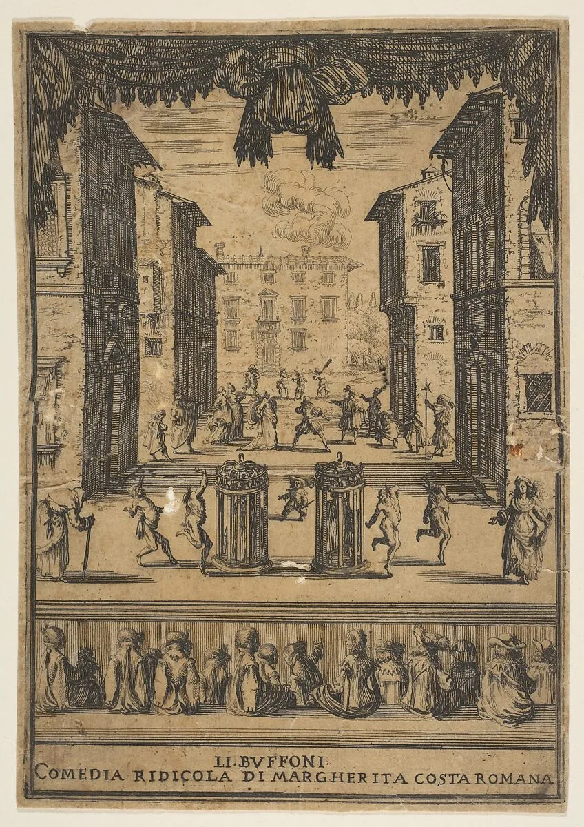 Frontispiece for the comedy 'The Buffoons' (Li Buffoni), a set on stage resembling a public space, various figures dancing around two people in cages in center stage, fifteen spectators below — Stefano della Bella