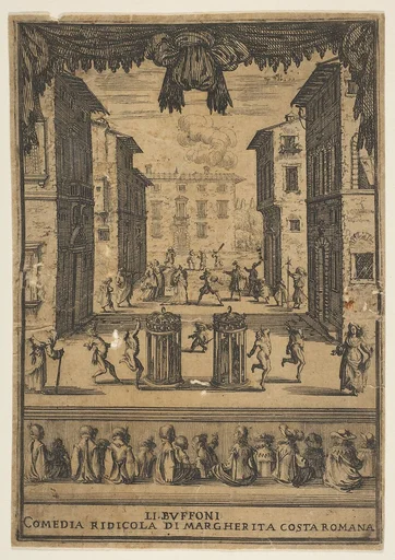 Frontispiece for the comedy 'The Buffoons' (Li Buffoni), a set on stage resembling a public space, various figures dancing around two people in cages in center stage, fifteen spectators below